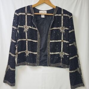 Lawrence‎ Kazar Bow Beaded Cropped Blazer Size Large Petite Festive Christmas